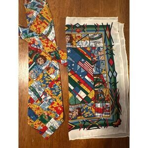 Vintage Harlequin Mondial LTD 100% Silk Tie and pocket handkerchief Artist Tekle